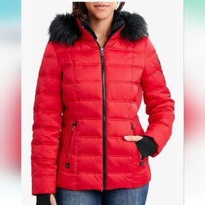 Women's Red Puffer Jacket with Faux Fur Hood